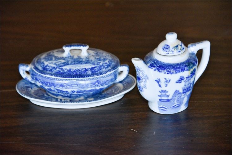 Minature Blue Willow China Tureen and Tea Pot