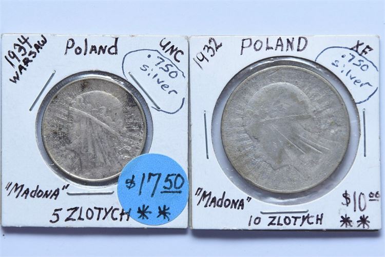 Two (2) Silver Zlotych (Five and Ten)