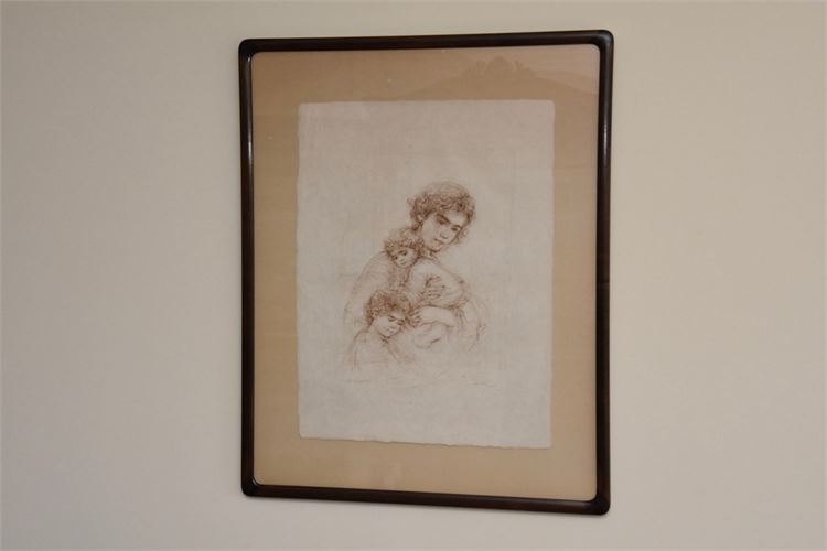 Edna Hibel Framed Signed Print Of Mother With Children Pencil Signed