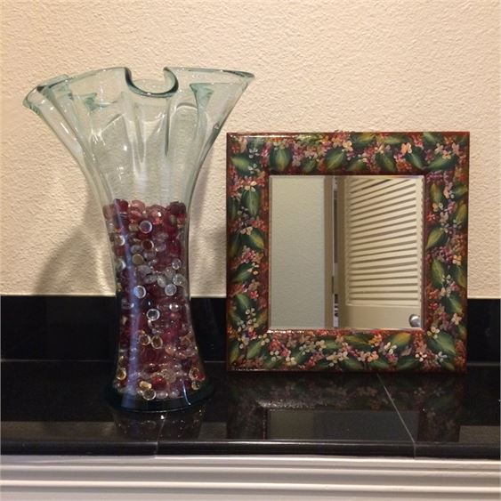 Shelf Content of Vase and Hand Painted Metal Mirror