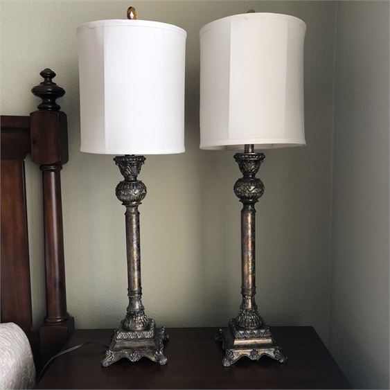 Pair of Tall Buffet Lamps with Amber Glass Finials