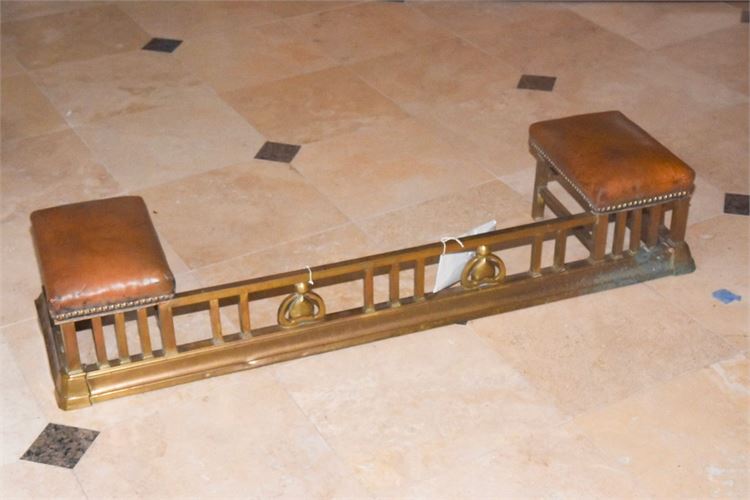 Antique English Brass & Leather Fireplace Fender