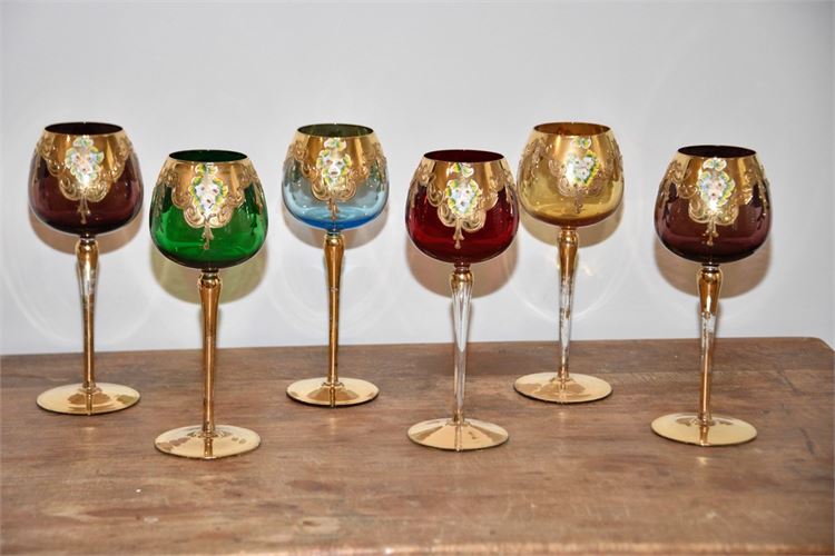 Set Six (6) Italian Colored Glass Wine Glasses