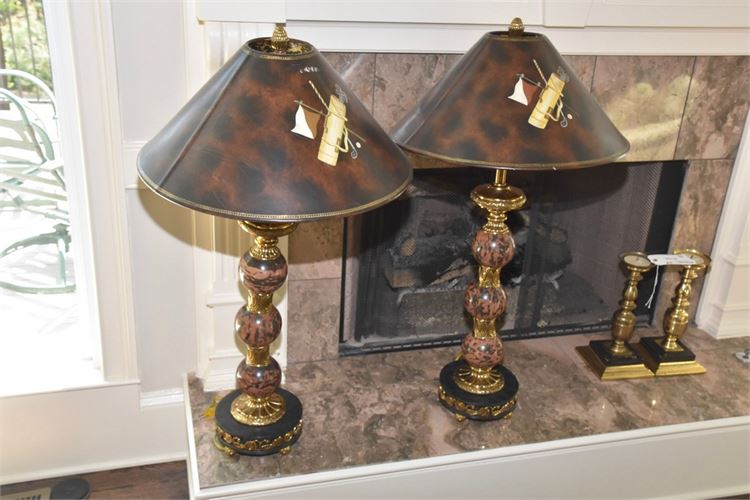 MAITLAND SMITH Pair Large Scale Marble & Brass Table Lamps