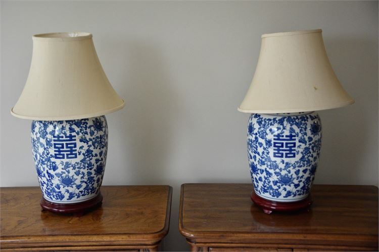 Pair Chinese Porcelain Blue & White Lamps
