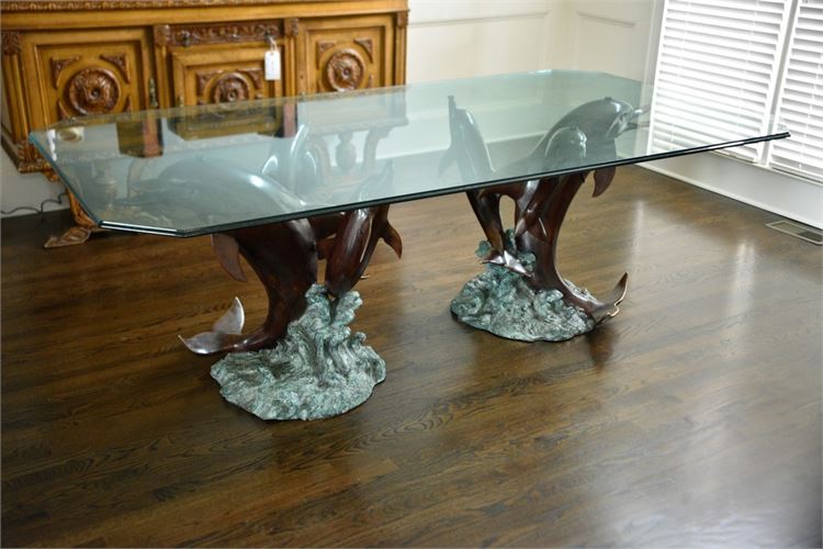 MAITLAND SMITH Bronze Dolphin Pedestal Base Dining Table