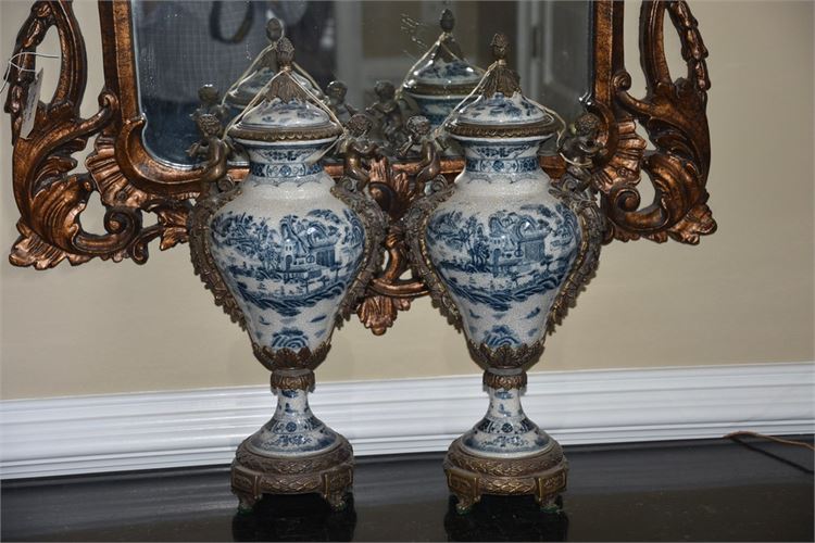 Pair Decorative Porcelain Urns with Metal Mounts