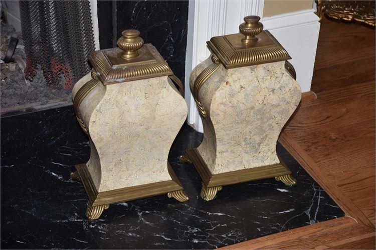 Pair Decorative Faux Travertine Canister Urns