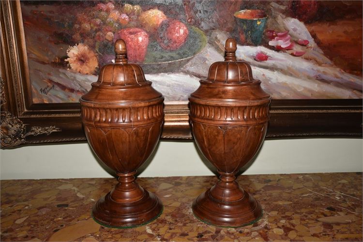 Pair Decorative Mahogany Urns