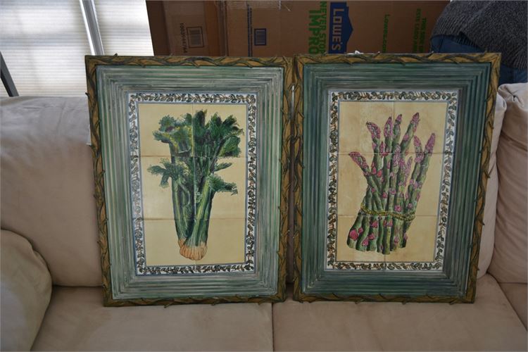 Pair Large Decorative Botanical Tiles by JOHN RICHARD