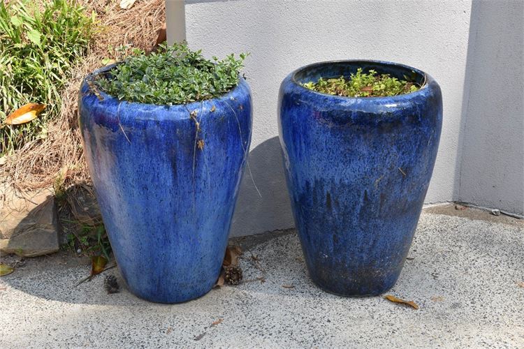 Pair Large Planters with Blue Glaze