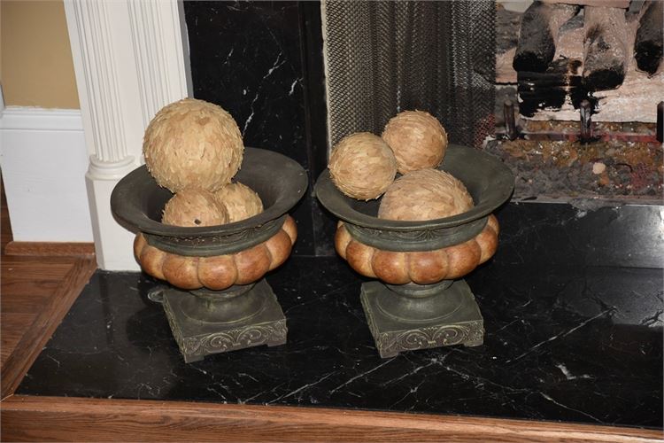 Pair Decorative Faux Marble & Metal Urns