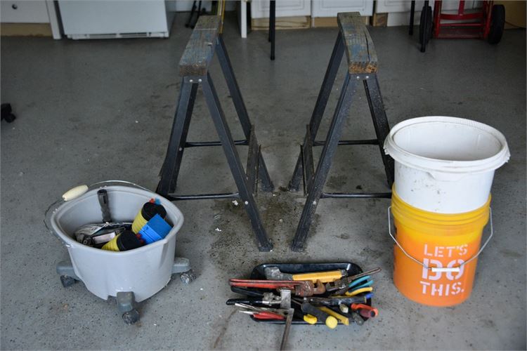 Pair Sawhorses & Assorted Workshop Tools