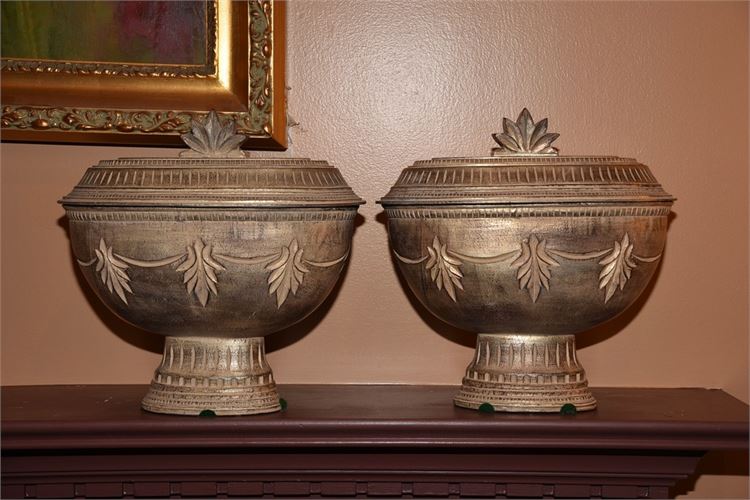 Pair Silver Finish Lidded Urns