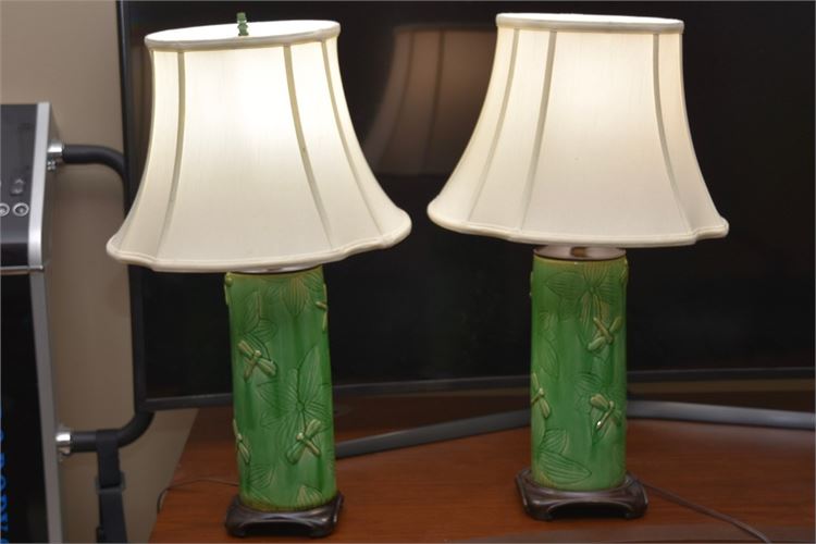 Pair Cylindrical Green Porcelain Lamps with Dragonfly Motifs