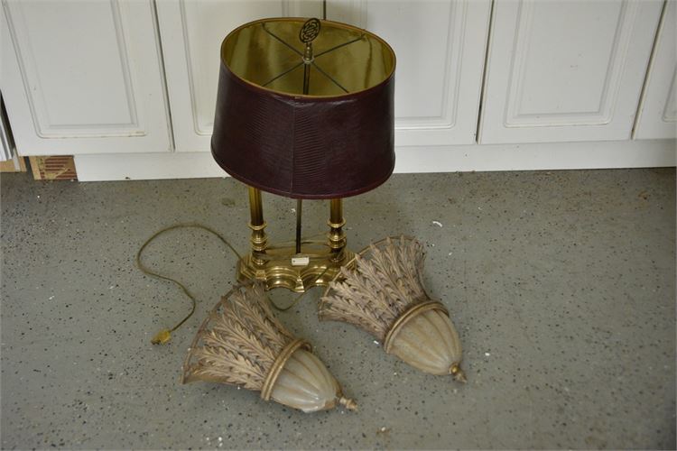 Pair Wall Mounted Lights & Brass Lamp