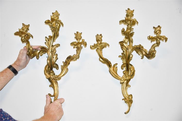 Large Pair Louis XV Style Gilt Bronze 3 Arm Wall Lights