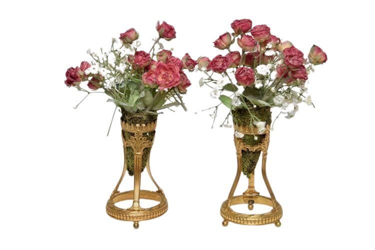 Pair Gilt Bronze Neoclassical Stands with Topiaries