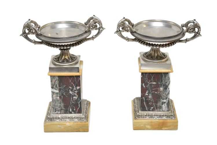 Fine Pair Antique Napoleon III Silvered Bronze & Marble Coupes
