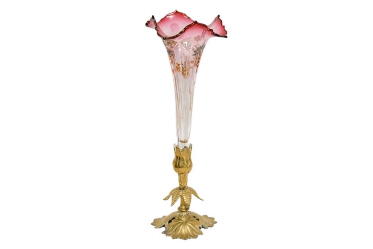 Trumpet Form  Glass Vase with Bronze Holder