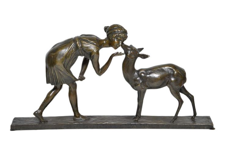 Verschneider, Jean (1878-1943), Bronze of Woman & Doe