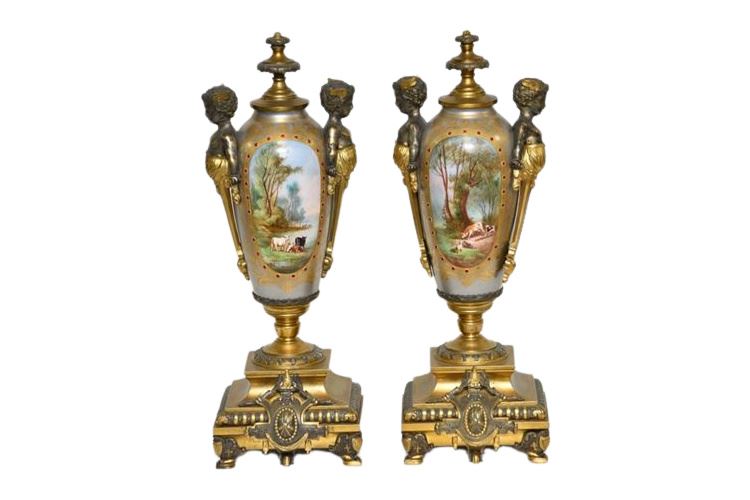 Fine Pair Antique Napoleon III Porcelain & Bronze Vases