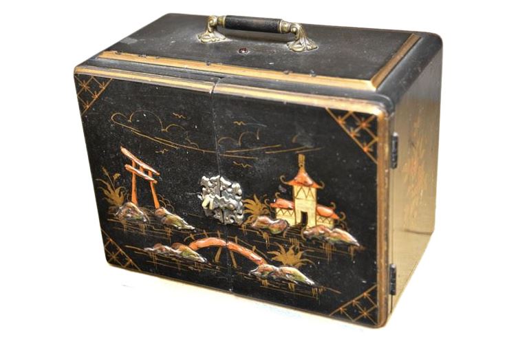 Antique EMERSON Radio in Chinoiserie Black Lacquer Case