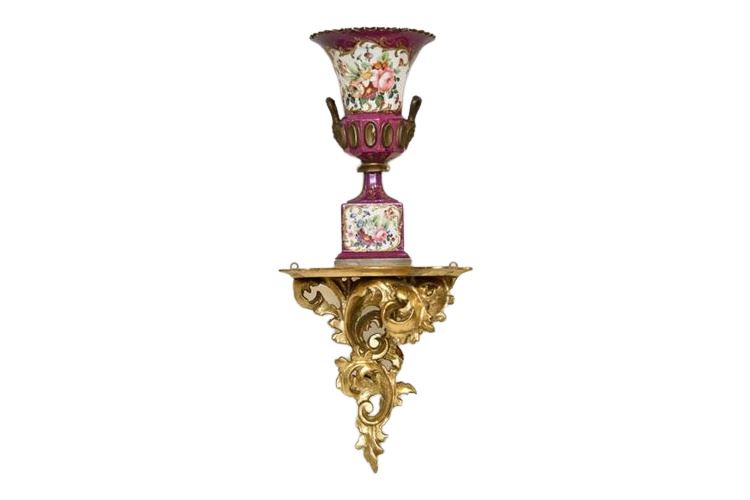 Large 19th French Porcelain Urn on Giltwood Bracket