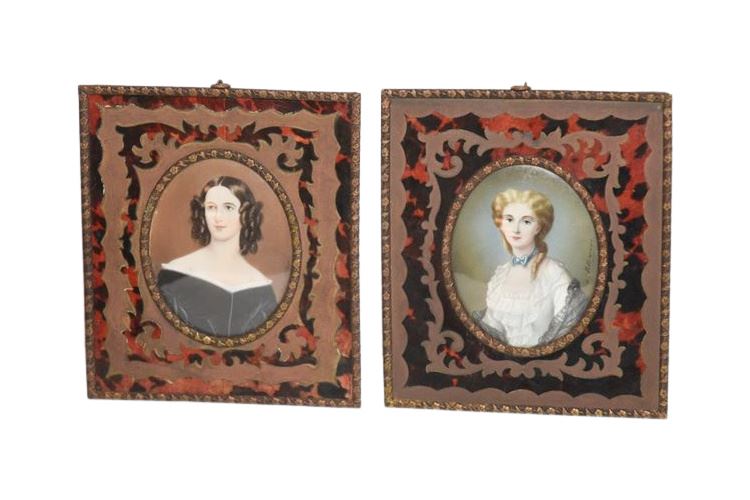 Villeneuve, Cécile (1824 – 1901) Pair 19th c Miniature Portraits  Bodycolor