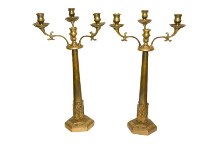 Pair Gilt Metal Hexagonal Candelabra