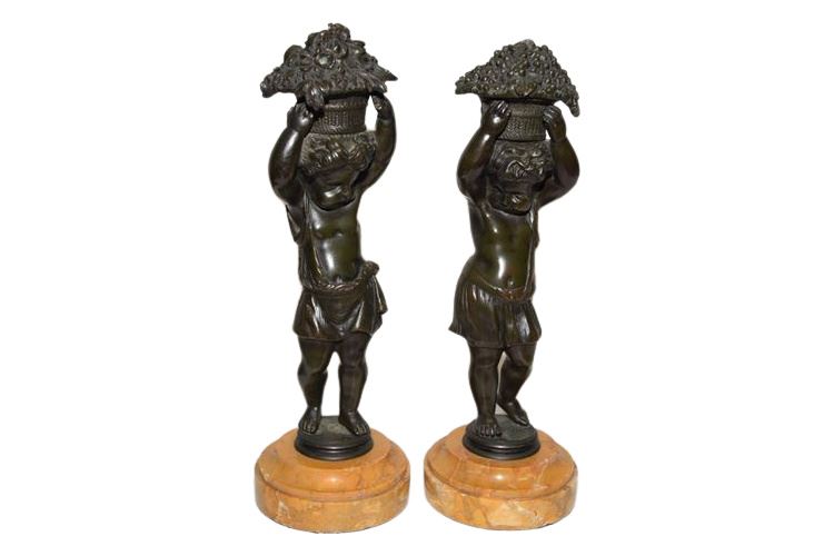 Fine Pair Antique Bronze Putti on Sienna Marble Stands