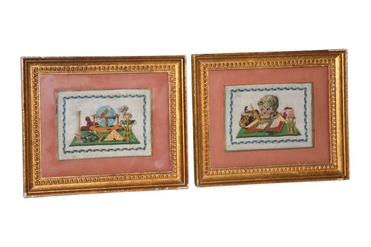 Pair Victorian Beadwork Still Life Pictures