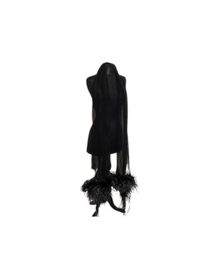 Adrienne Landau Black Chiffon Shawl w/Racoon Style Fur Fringe