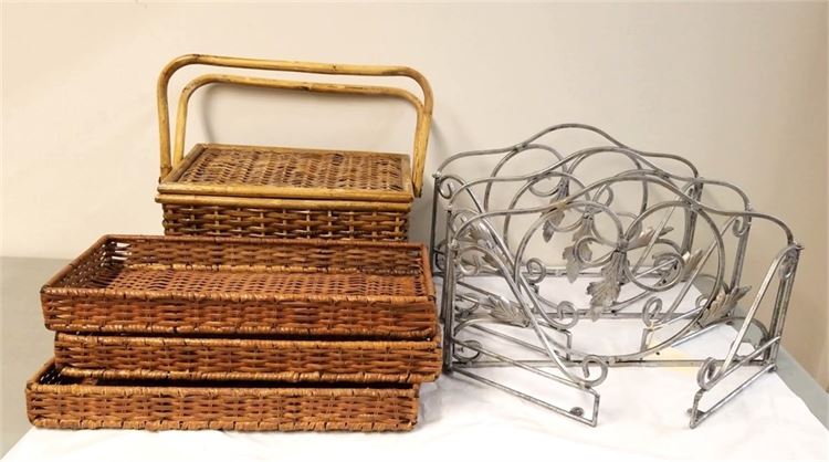 Set of (3) 3-Tier Celtic Wrought Iron Shelves and Wicker/Rattan Baskets