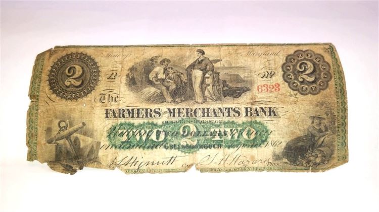 Rare 1862 $2 Bank Note from The Farmers & Merchant Bank Greensborough Maryland