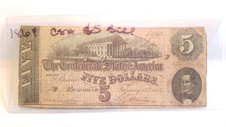 1864 Confederate States of America Five Dollar Bill