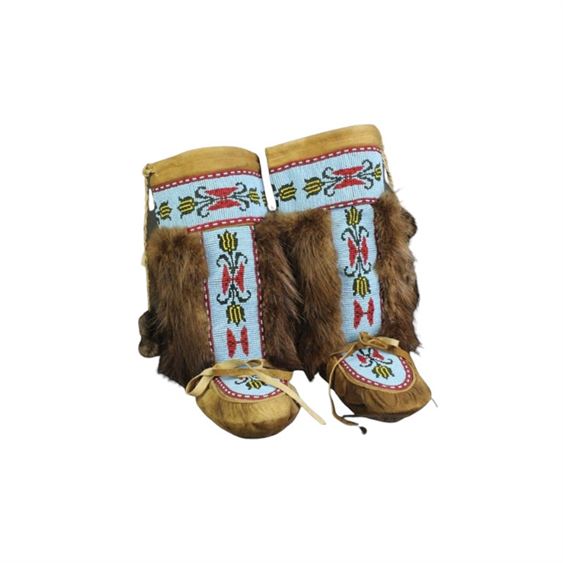 Native Pair of American Beaded Fur Moccasins Mukluks Boots