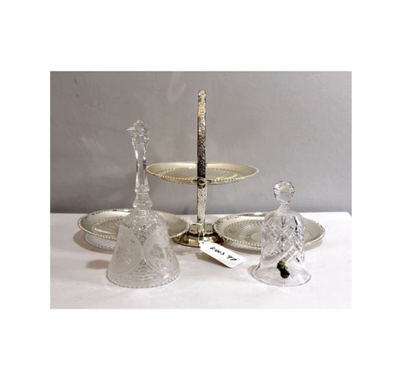 3-Tier Folding Silver Plate Tray and Two Etched Crystal Bells