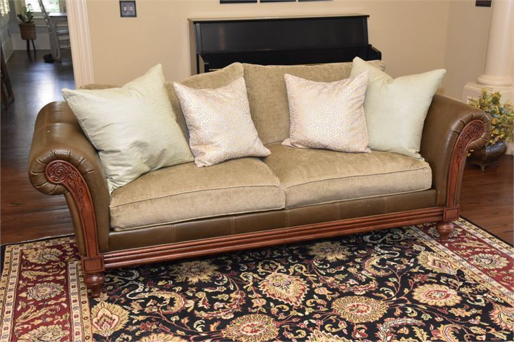 ETHAN ALLEN Leather and Fabric Rolled Arm Sofa