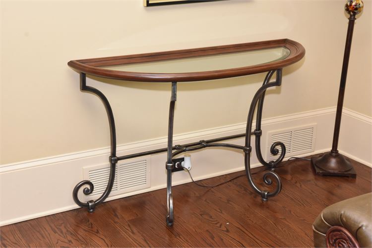 Scrolled Metal Glass Top Demilune Console Table