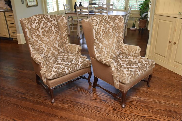 Pair Of Patterned Wing Back Chairs