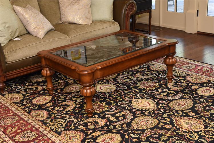 Wood and Scrolled Metal Glass Top Coffee Table