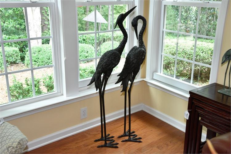 Pair Of Chinese Bronze Garden Crane Figures