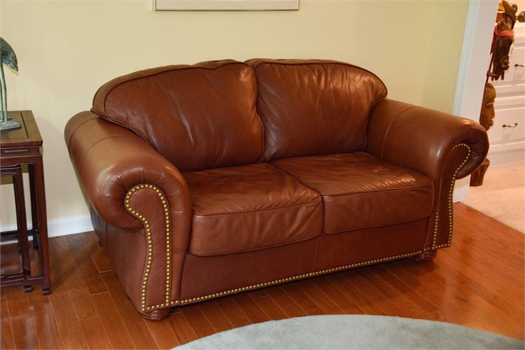 Brown Leather Rolled Arm Loveseat By Leather Center