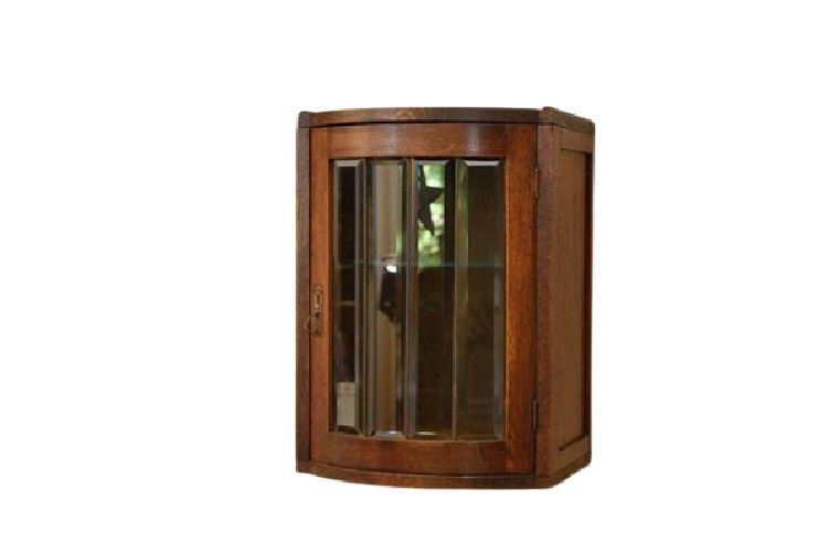 Oak and Leaded Glass Wall Mounted Cabinet