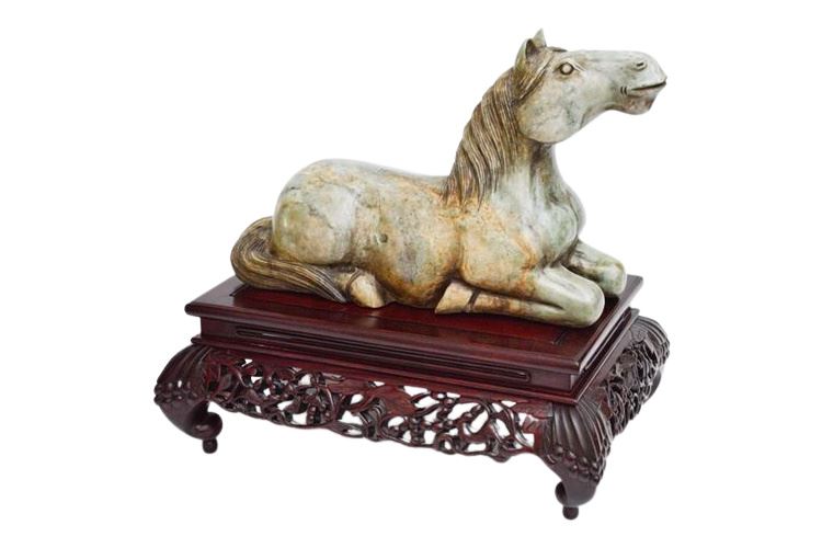 Large Chinese Carved Jadeite Horse On Wooden Base