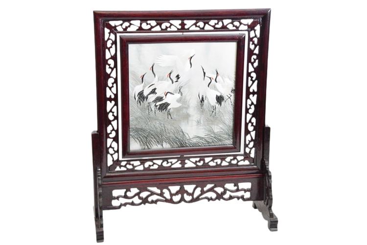 Asian Silk Textile In Carved Wood Frame