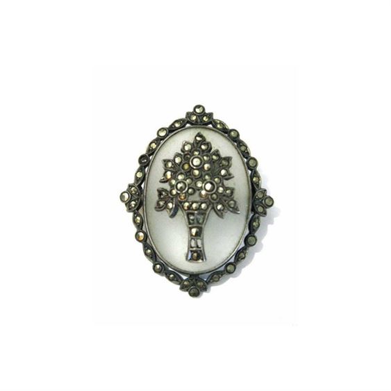 Antique Art Deco Sterling Silver Marcasite Camphor Glass Pin Brooch, c. 1920s