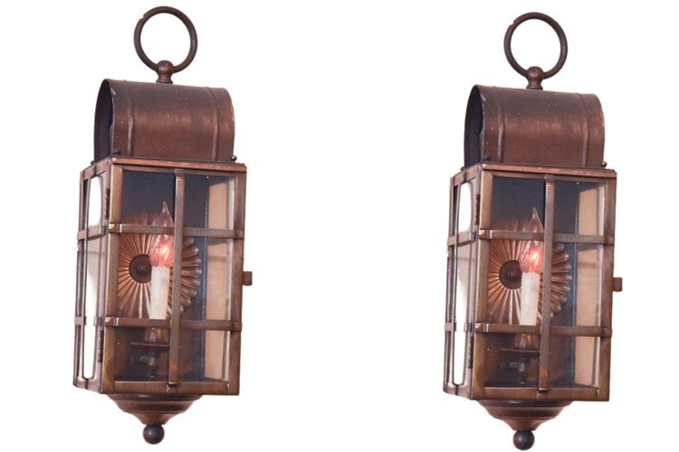 Pair Of Metal Lantern Form Wall Sconces