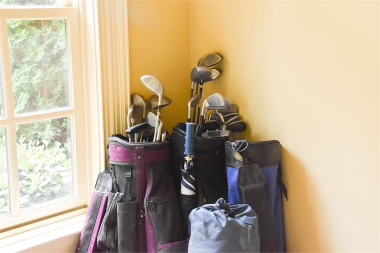 Group Lot Of Golf Clubs and Golf Bags